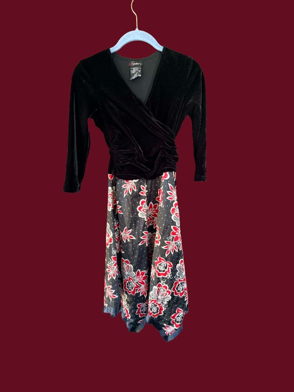 Speechless Girls Sz 12 Black Velvet Holiday Dress Floral Sequin Wrap Skirt